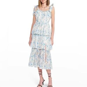 En Saison Claire Tiered Eyelet Blue and White Floral Midi Dress